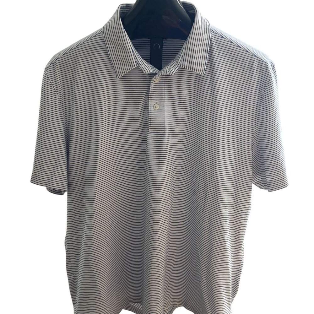 UNTUCKit Polo Shirt Mens 2XL White Navy Striped Short Sleeve Casual Performance